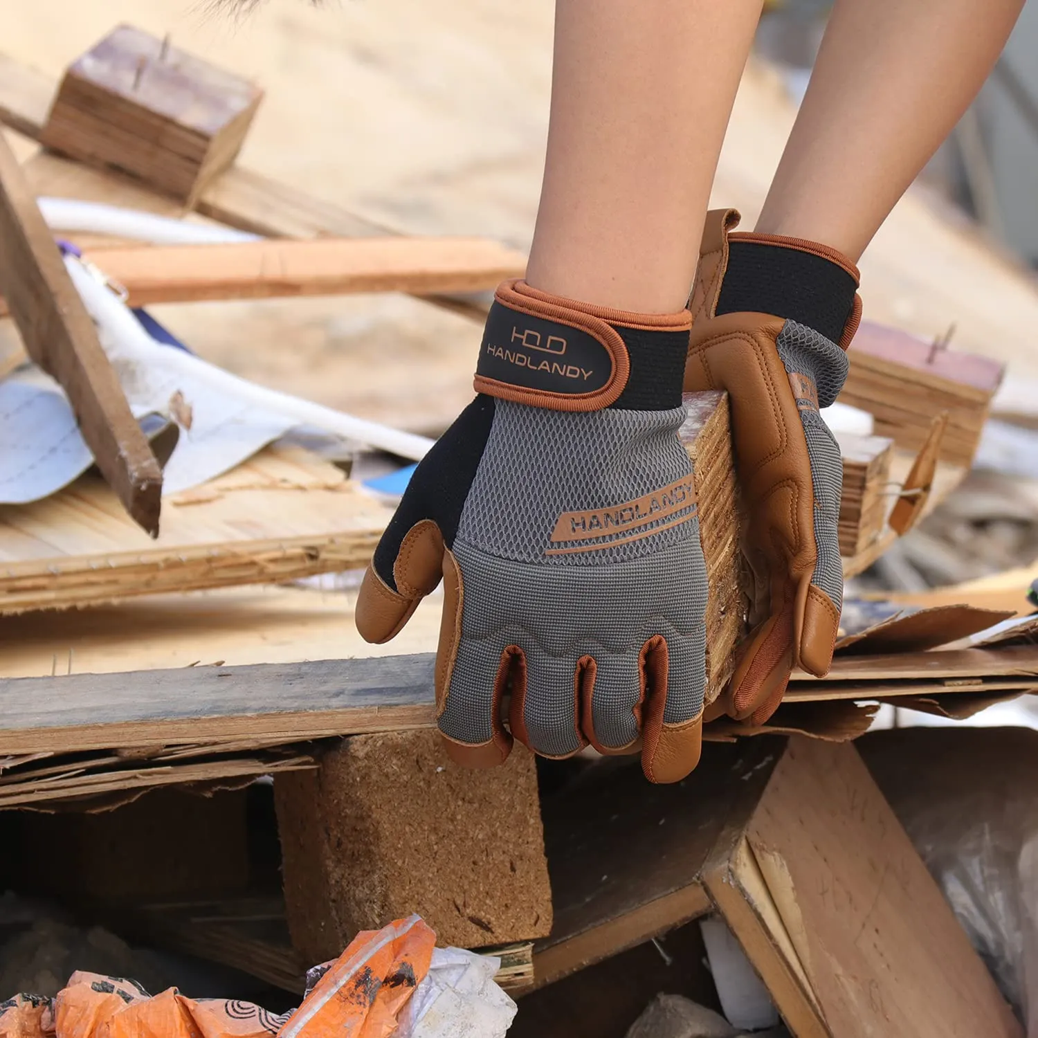 HANDLANDY Leather Work Gloves Mens & Women, Utility Safety Mechanic Working Gloves Touch Screen, Flexible Breathable Yard Work Gloves (Medium, Brown-Cowhide Palm)