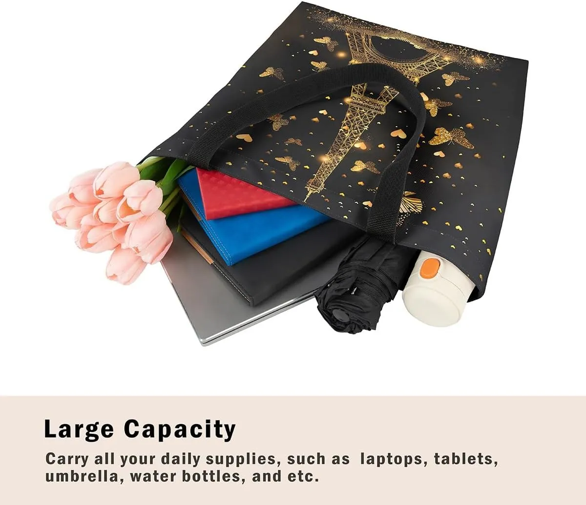 Happy Spring Canvas Tote Bag,Cute Animals Reusable Grocery Handbag