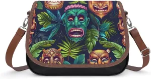 Hawaiian Tiki Masks Tropical Women's Crossbody Bag PU Leather Message Bag Shoulder Handbag Purse for Travel Office