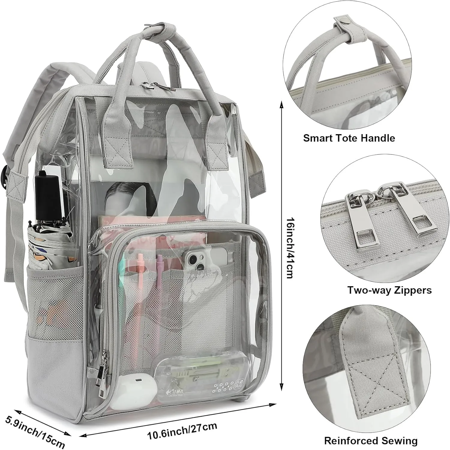 Heavy Duty Clear Backpack for Men Women, School Bag Bookbag PVC Plastic Transparent Backpacks for Boys Girls (Light Grey)