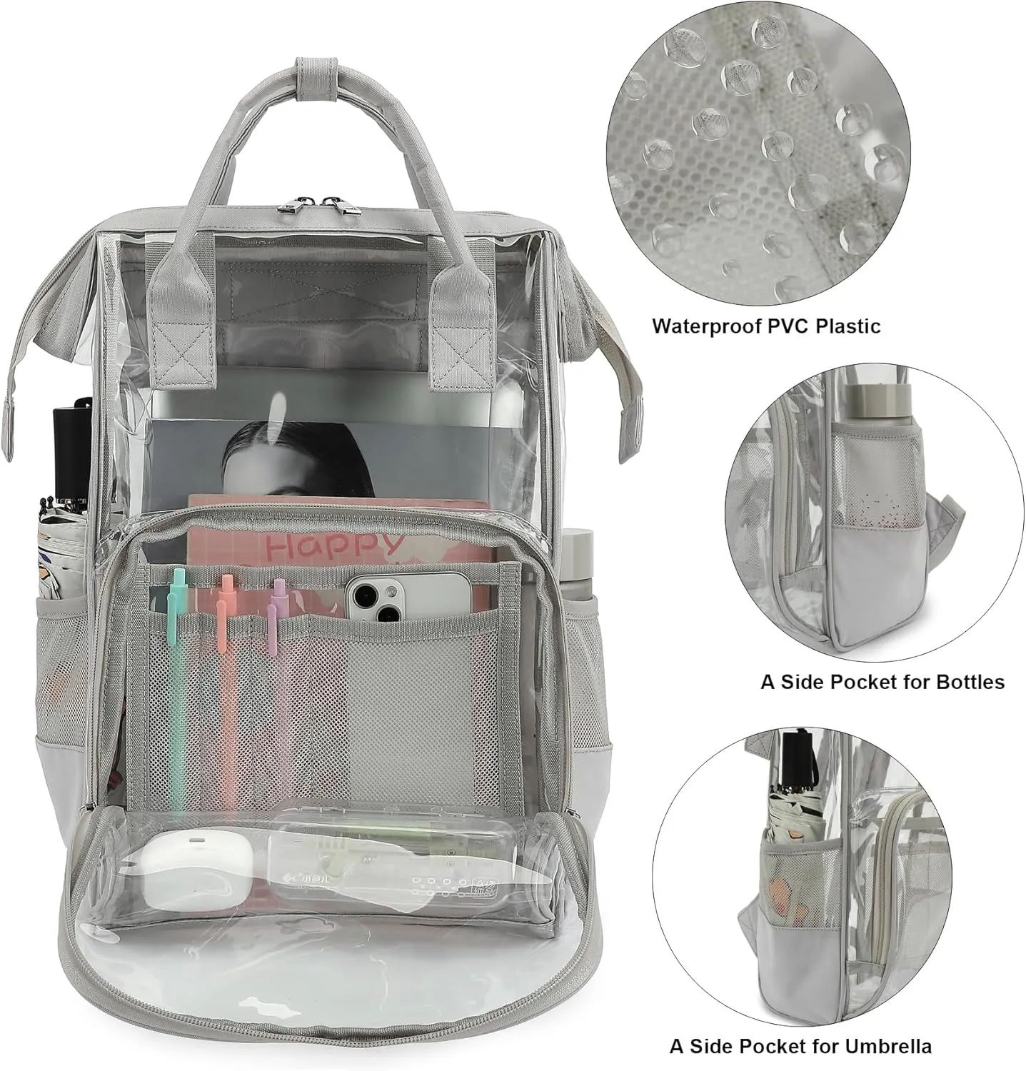 Heavy Duty Clear Backpack for Men Women, School Bag Bookbag PVC Plastic Transparent Backpacks for Boys Girls (Light Grey)