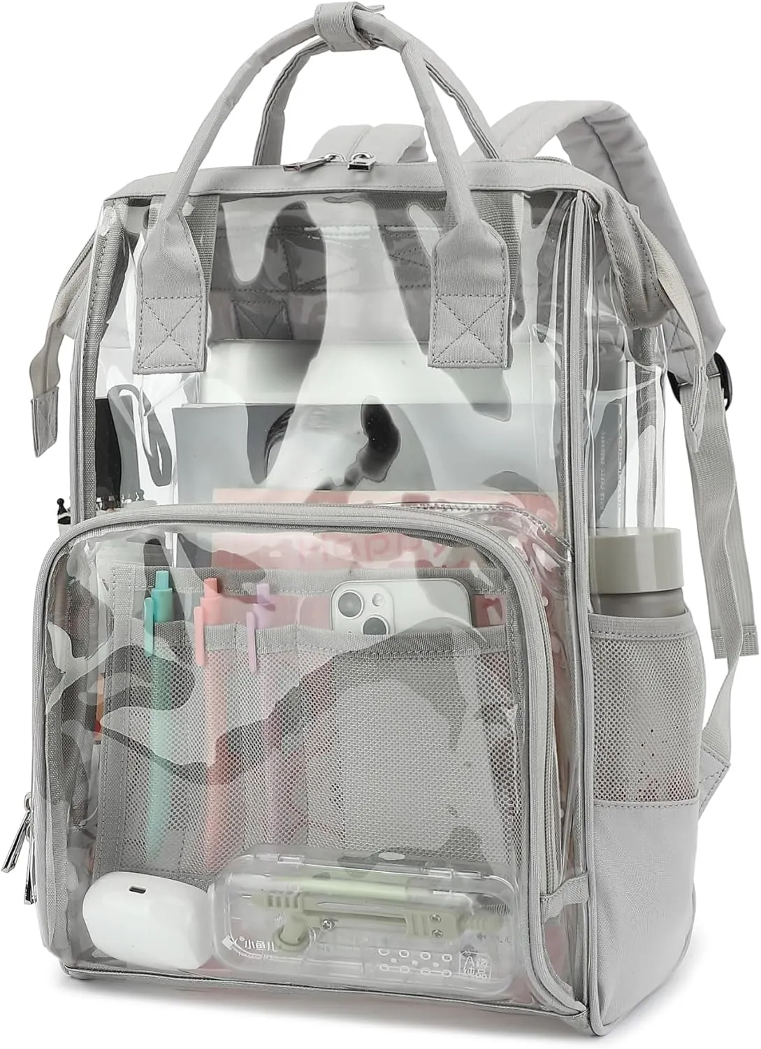 Heavy Duty Clear Backpack for Men Women, School Bag Bookbag PVC Plastic Transparent Backpacks for Boys Girls (Light Grey)