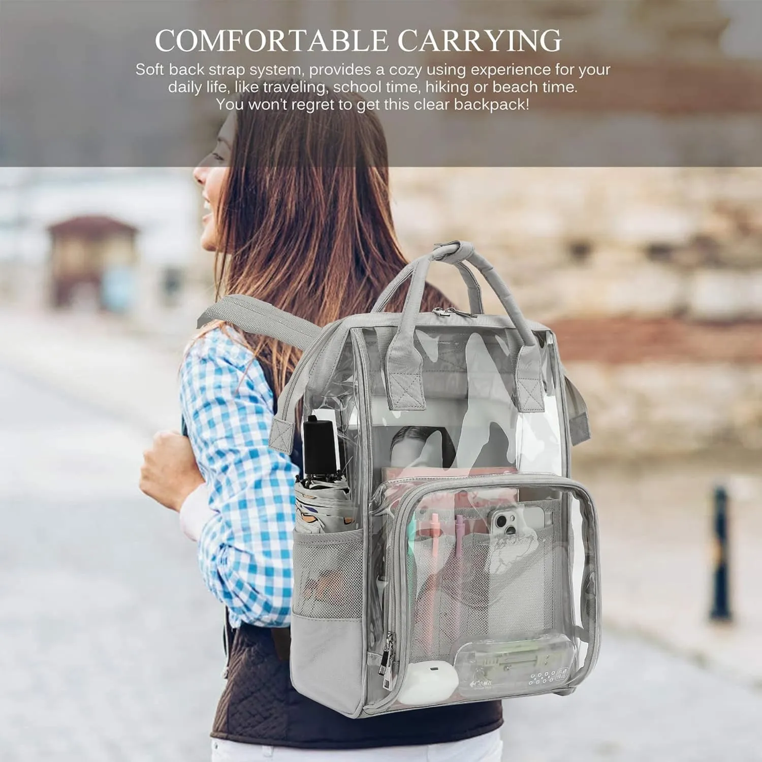 Heavy Duty Clear Backpack for Men Women, School Bag Bookbag PVC Plastic Transparent Backpacks for Boys Girls (Light Grey)