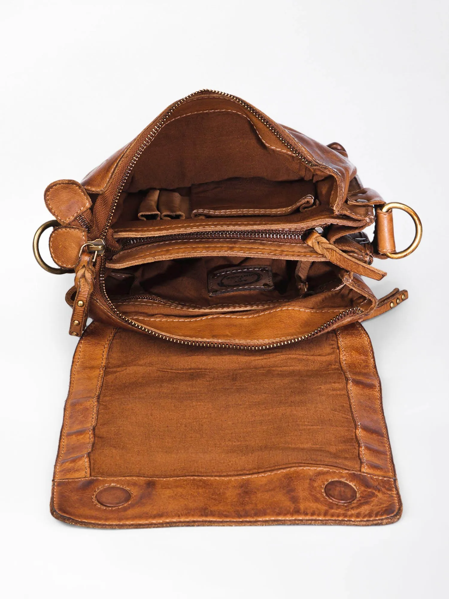 Henry: Cognac Flap Bag Cross Body In Veg Tan Leather by art vintage