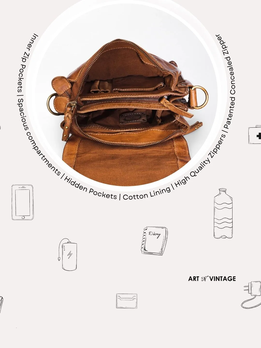 Henry: Cognac Flap Bag Cross Body In Veg Tan Leather by art vintage