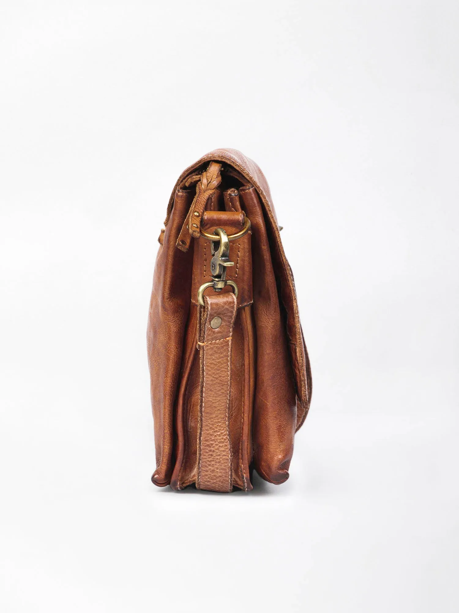 Henry: Cognac Flap Bag Cross Body In Veg Tan Leather by art vintage