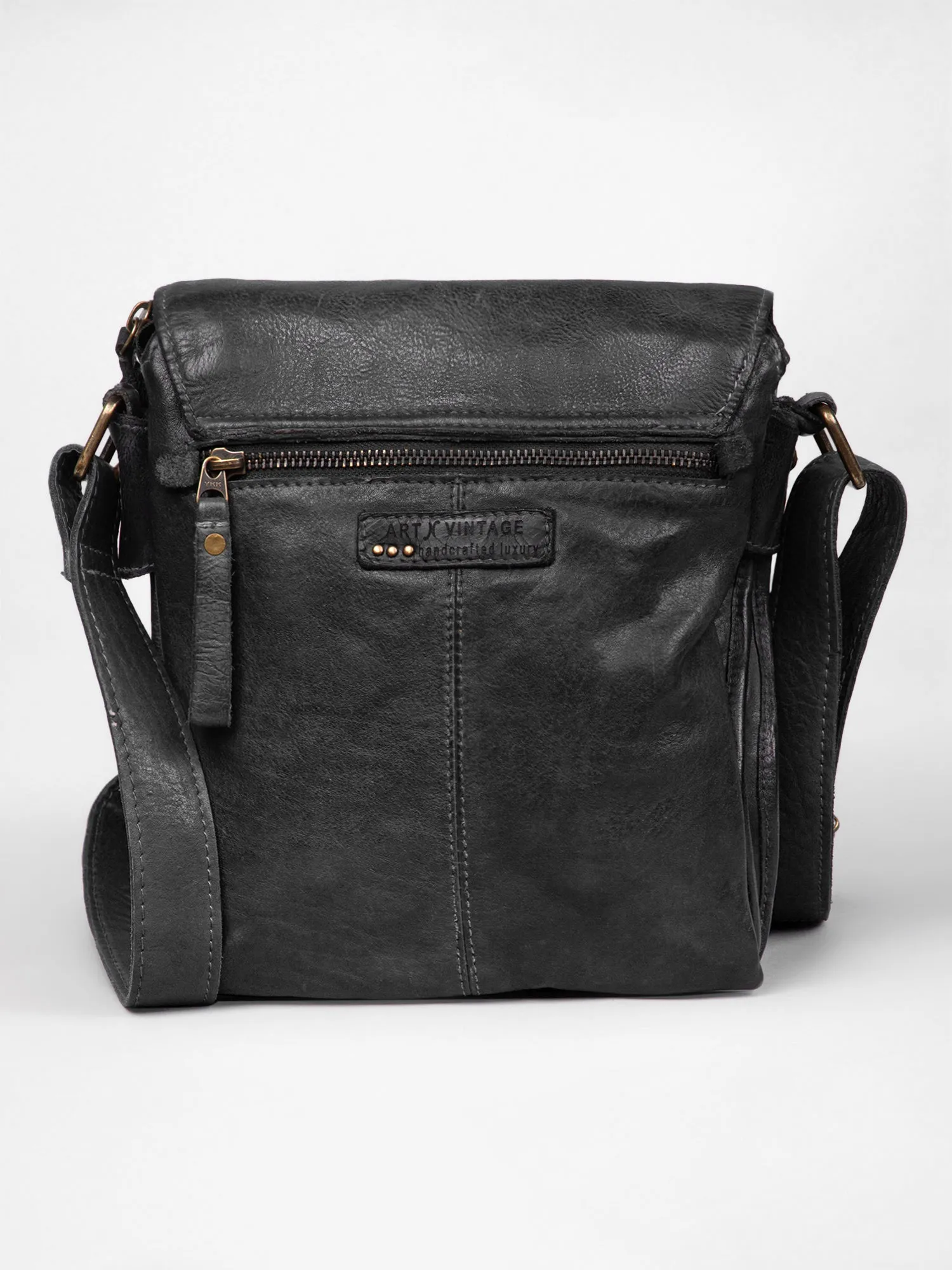 Henry: Navy Flap Bag Cross Body In Veg Tan Leather by art n vintage