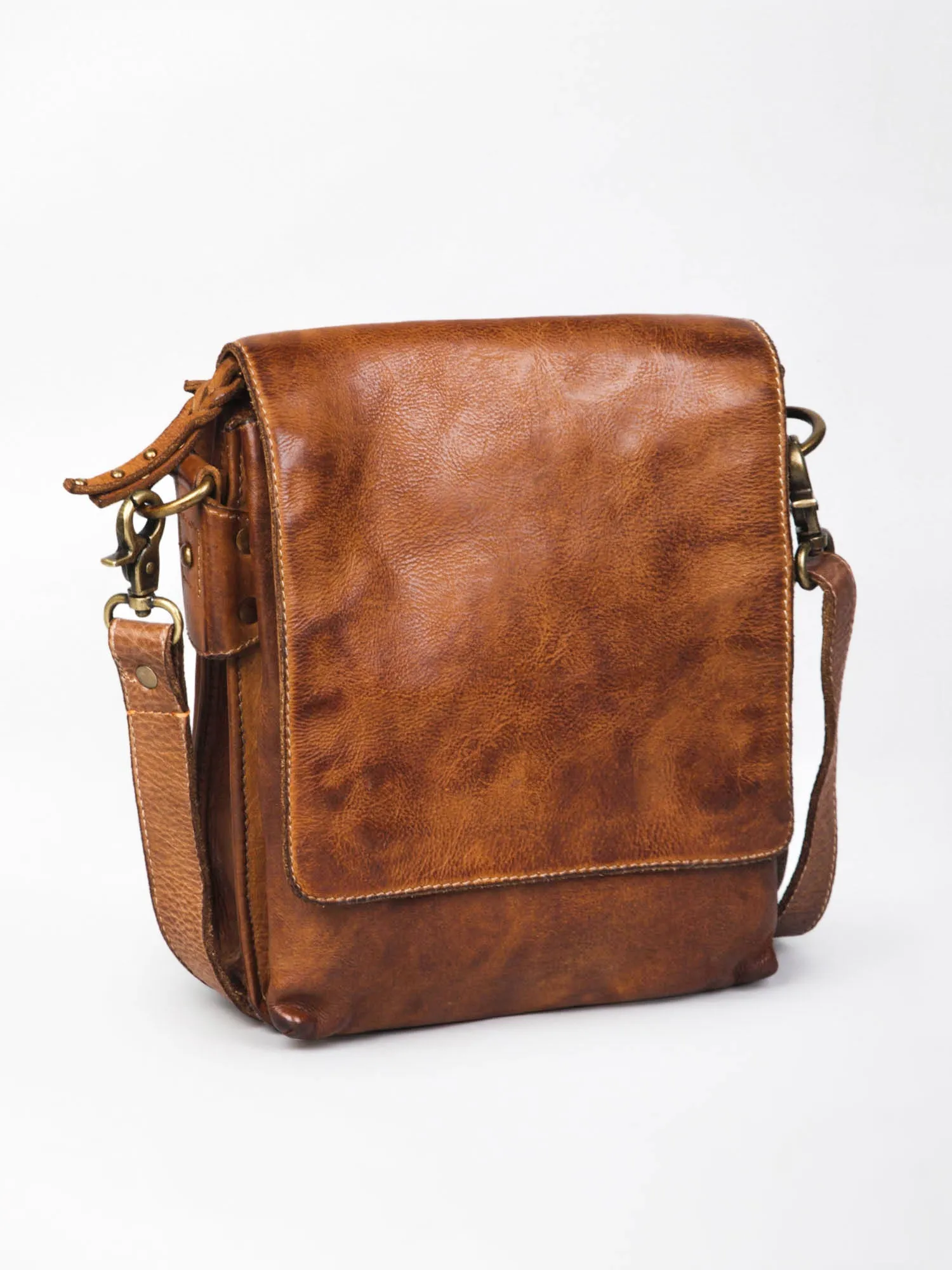 Henry: Navy Flap Bag Cross Body In Veg Tan Leather by art n vintage
