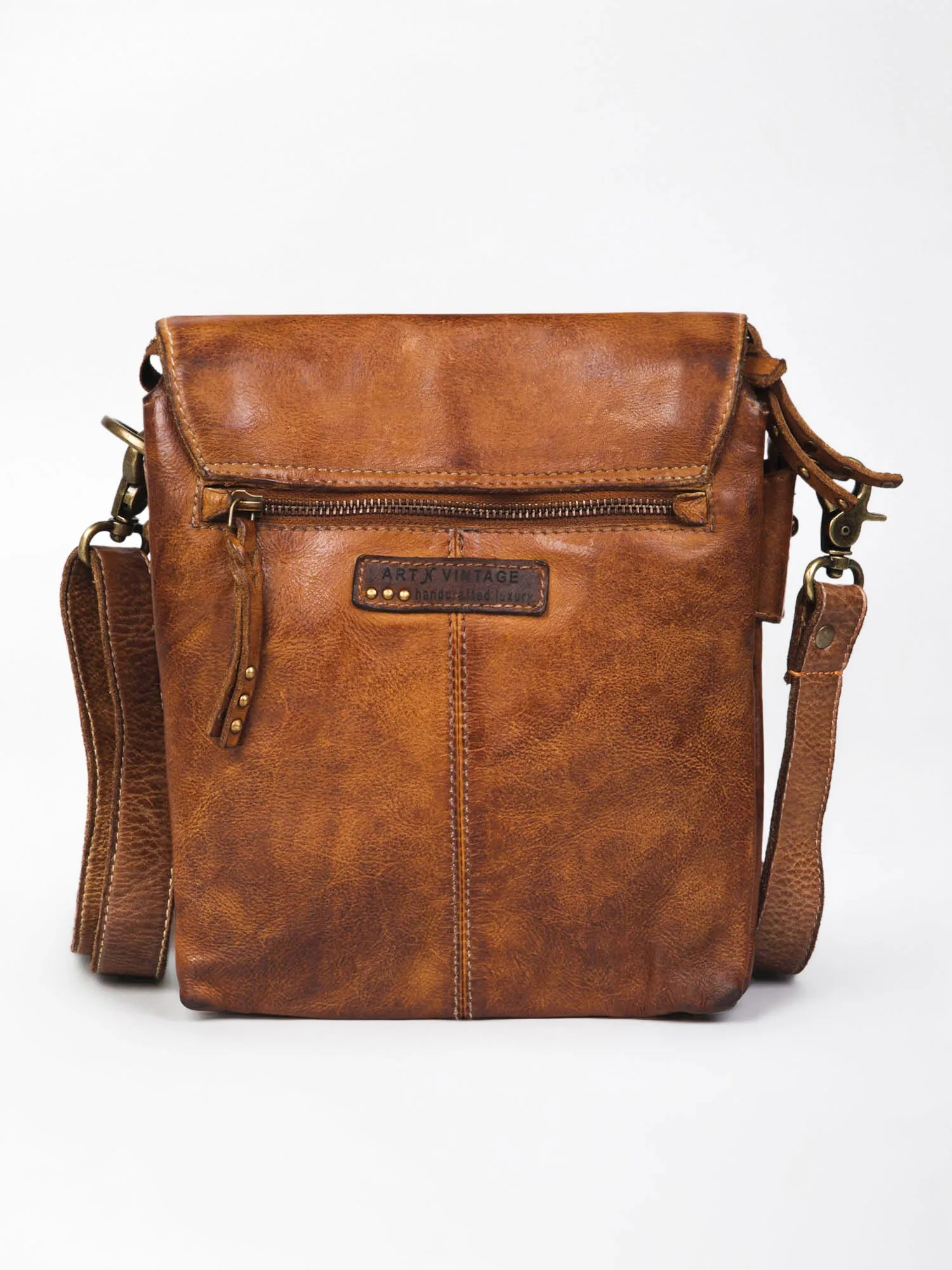 Henry: Navy Flap Bag Cross Body In Veg Tan Leather by art n vintage