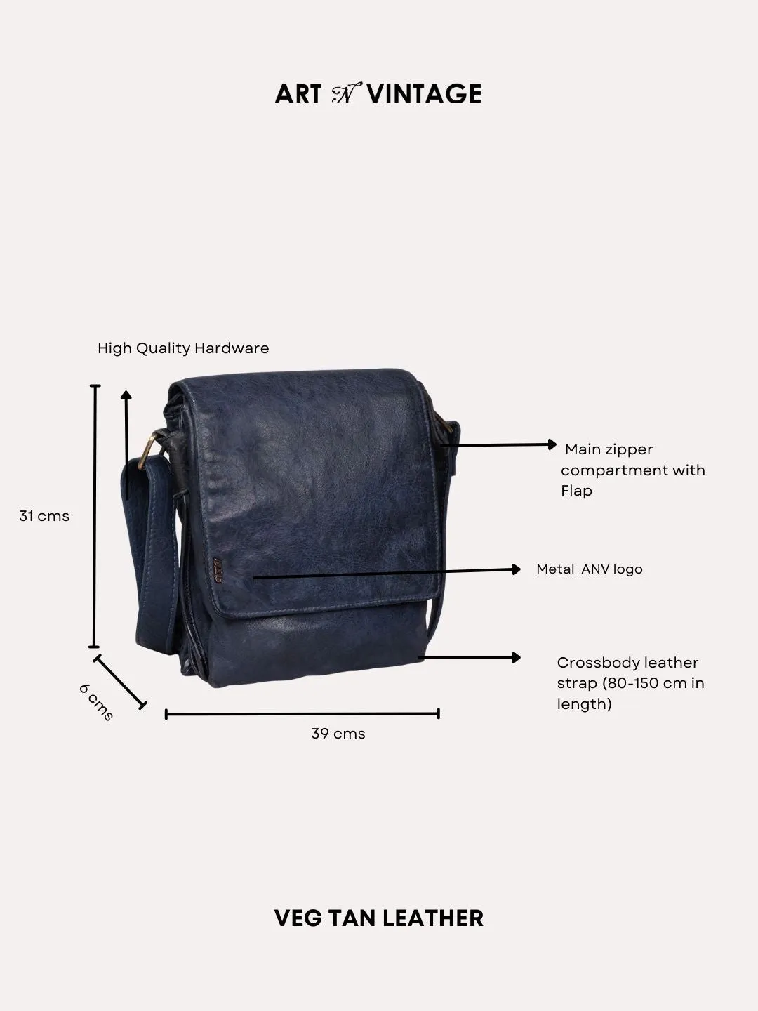 Henry: Navy Flap Bag Cross Body In Veg Tan Leather by art n vintage