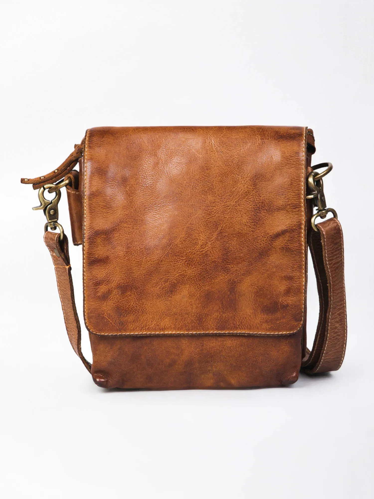 Henry: Navy Flap Bag Cross Body In Veg Tan Leather by art n vintage