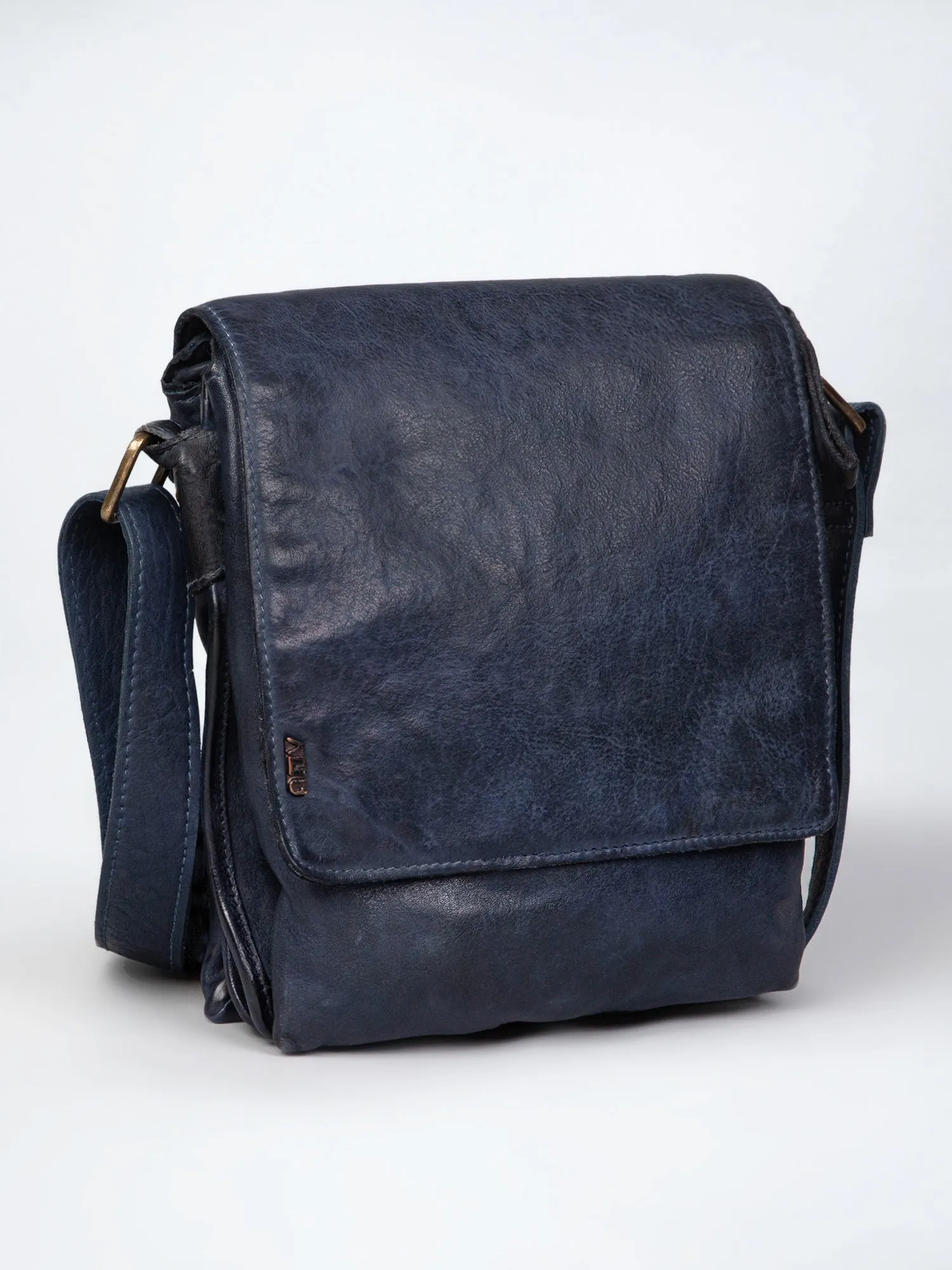 Henry: Navy Flap Bag Cross Body In Veg Tan Leather by art n vintage