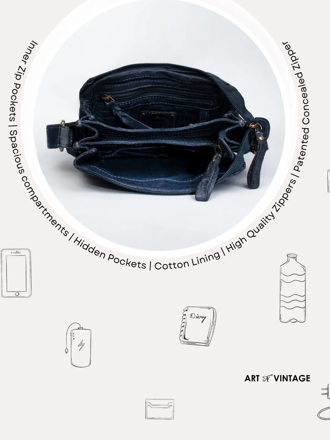 Henry: Navy Flap Bag Cross Body In Veg Tan Leather by art n vintage