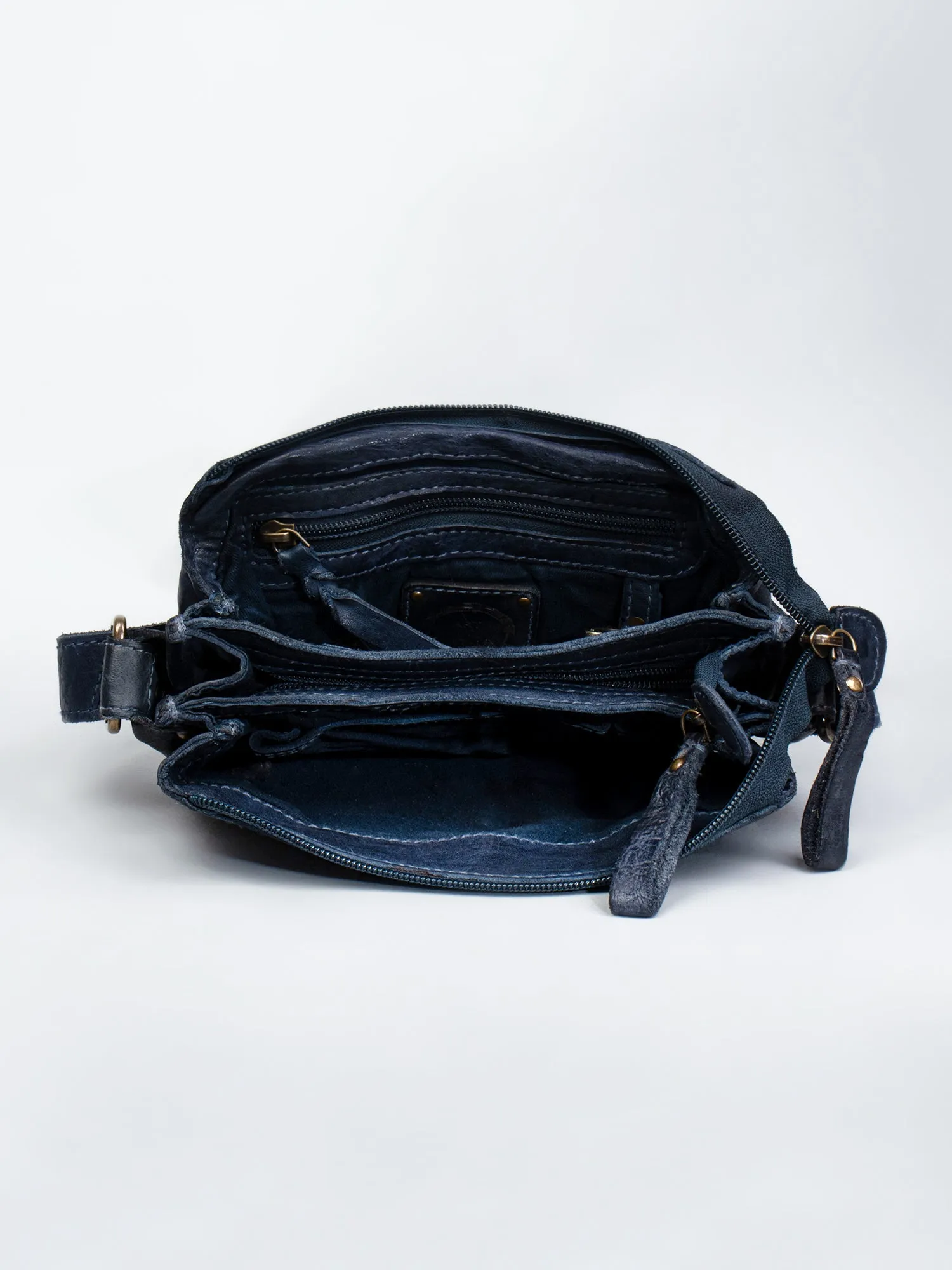 Henry: Navy Flap Bag Cross Body In Veg Tan Leather by art n vintage