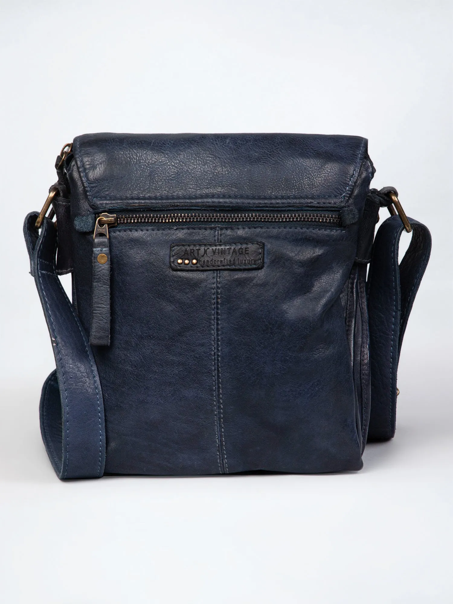 Henry: Navy Flap Bag Cross Body In Veg Tan Leather by art n vintage