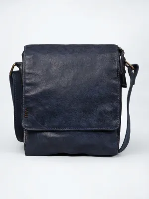 Henry: Navy Flap Bag Cross Body In Veg Tan Leather by art n vintage