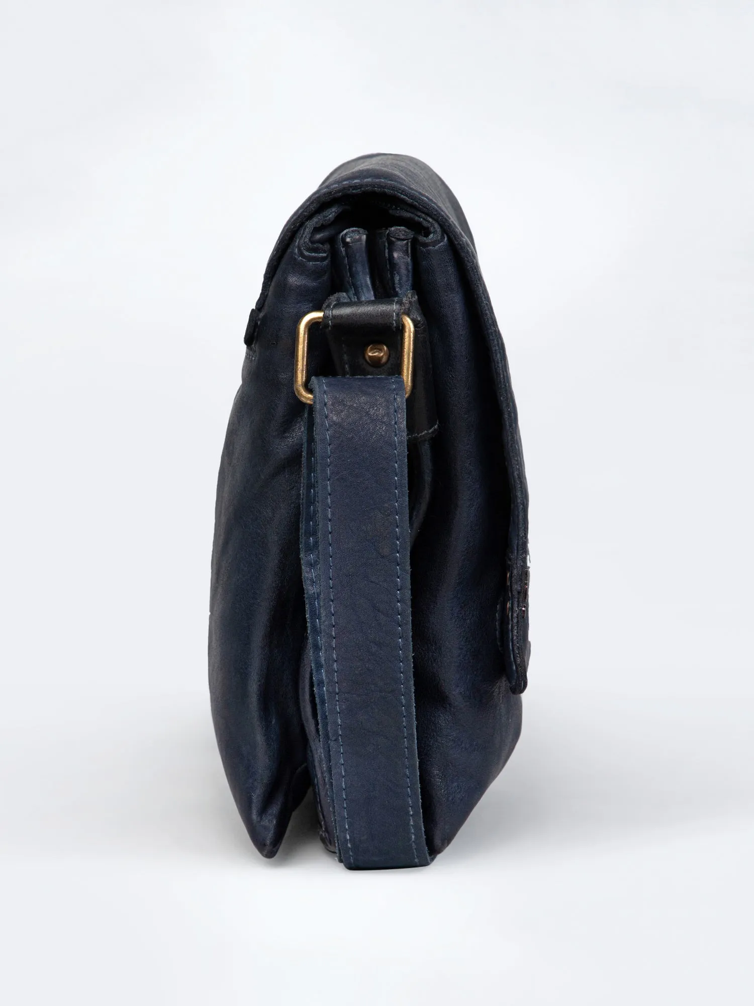 Henry: Navy Flap Bag Cross Body In Veg Tan Leather by art n vintage