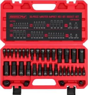 Hex Bit Impact Socket Set: 36-Piece with 4 Adapters, 1/4" 3/8" 1/2" Drive Master Allen Impact Socket Set, SAE and Metric, H5-H19 & 3/4"-5/64", Heavy Duty Storage Case, Automotive Mechanic