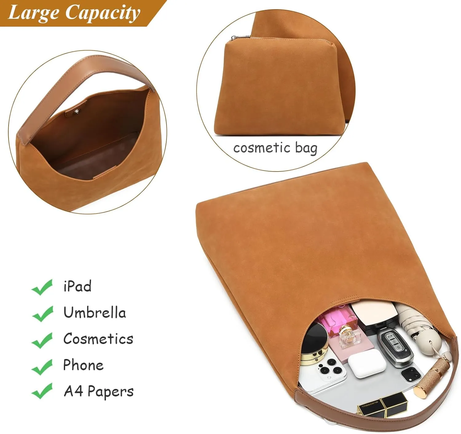 Hobo Bags for Women, Slouchy Handbag Vegan Leather Shoulder Purse 2pcs Work Tote
