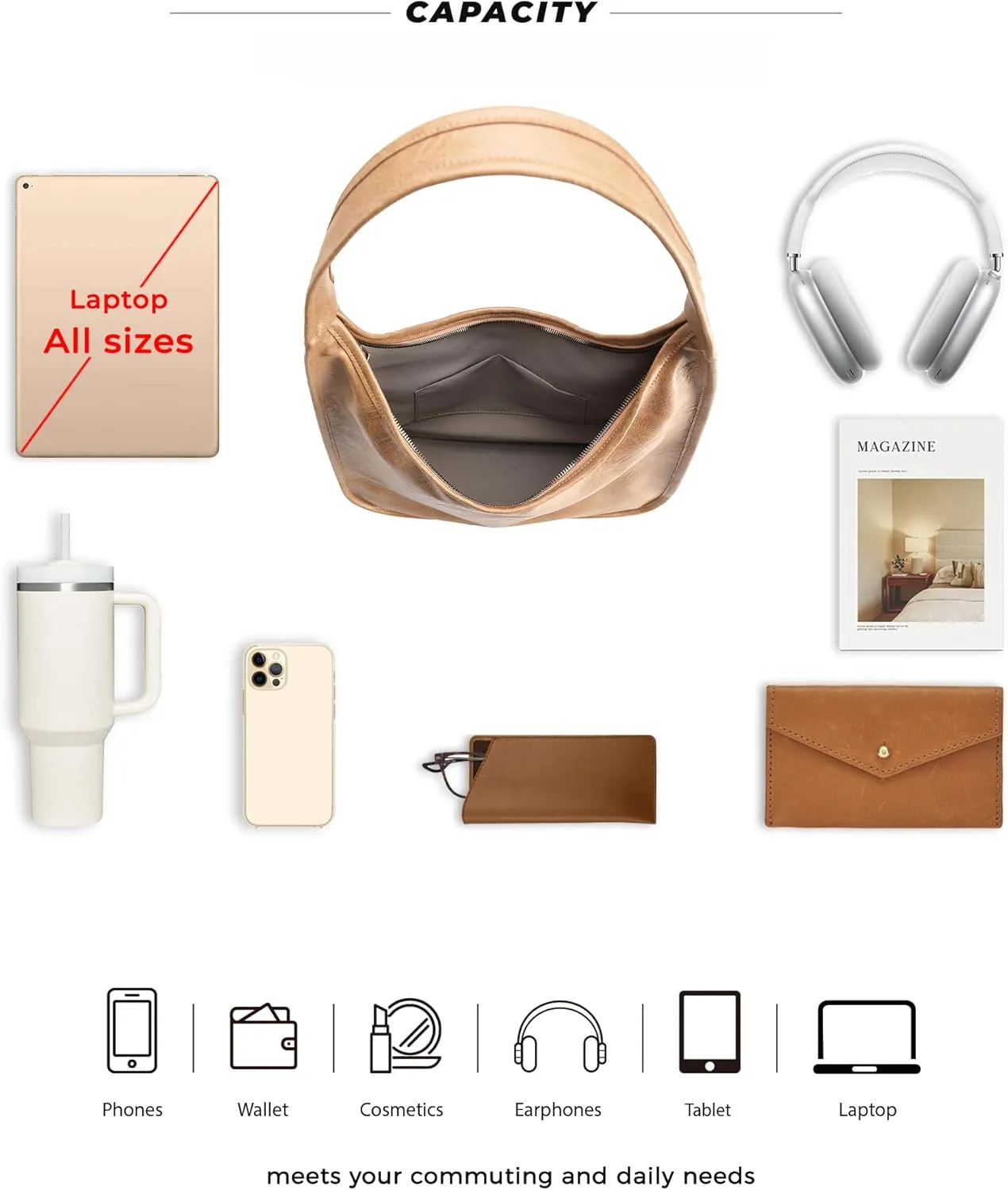 Hobo Purse, PU Leather Shoulder Bag, Tote Handbag for Work and Travel