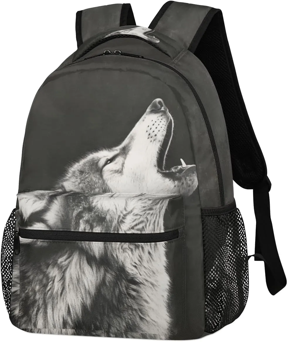 Howling Moon Wolf Backpacks for Boys Girls Kids Grey Wolf Lightweight 16 Inch School Backpack Laptop College Bookbag Travel Casual Daypack Hiking Camping Computer Rucksack Medium