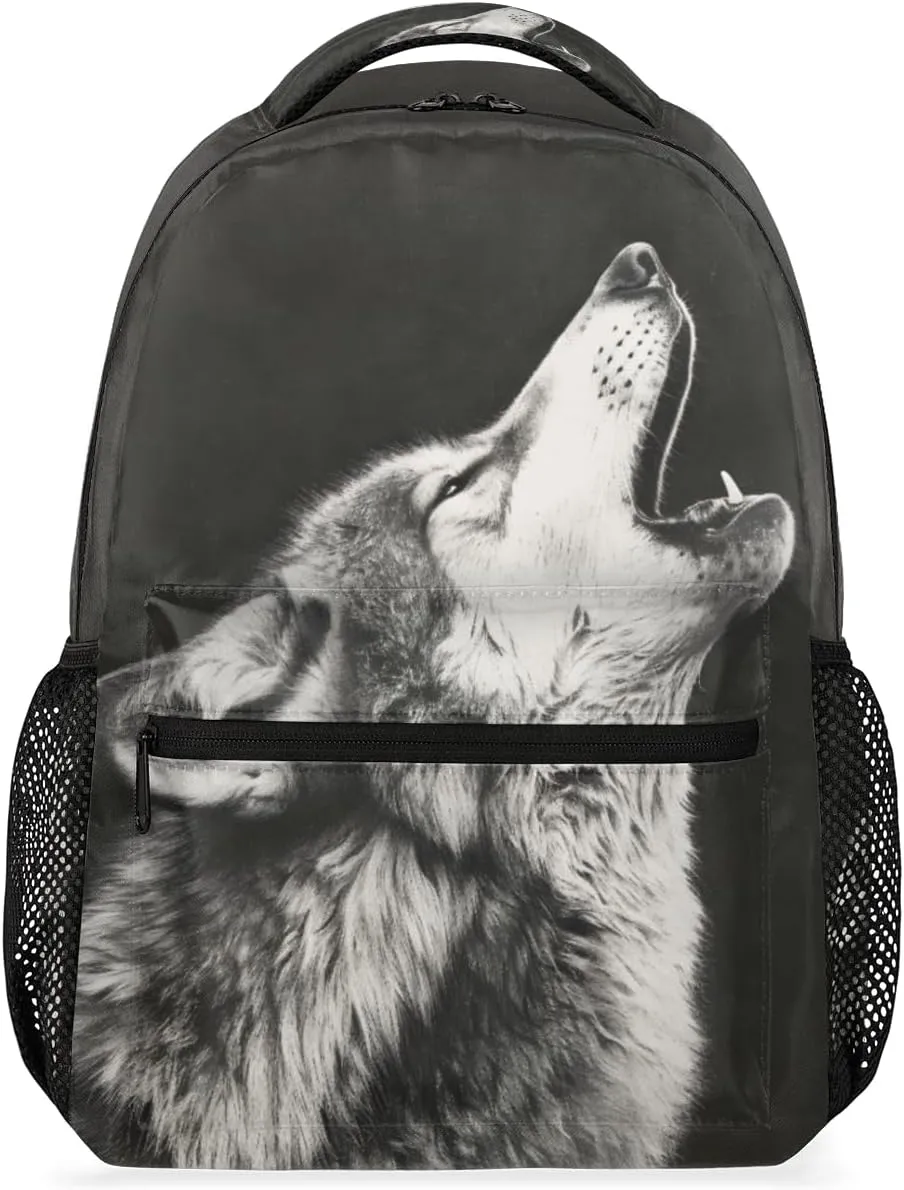 Howling Moon Wolf Backpacks for Boys Girls Kids Grey Wolf Lightweight 16 Inch School Backpack Laptop College Bookbag Travel Casual Daypack Hiking Camping Computer Rucksack Medium