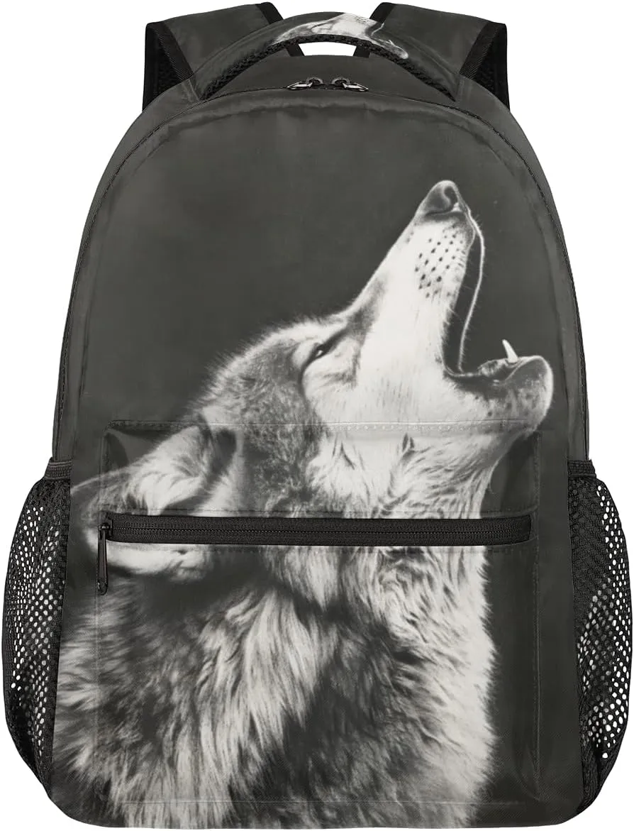 Howling Moon Wolf Backpacks for Boys Girls Kids Grey Wolf Lightweight 16 Inch School Backpack Laptop College Bookbag Travel Casual Daypack Hiking Camping Computer Rucksack Medium