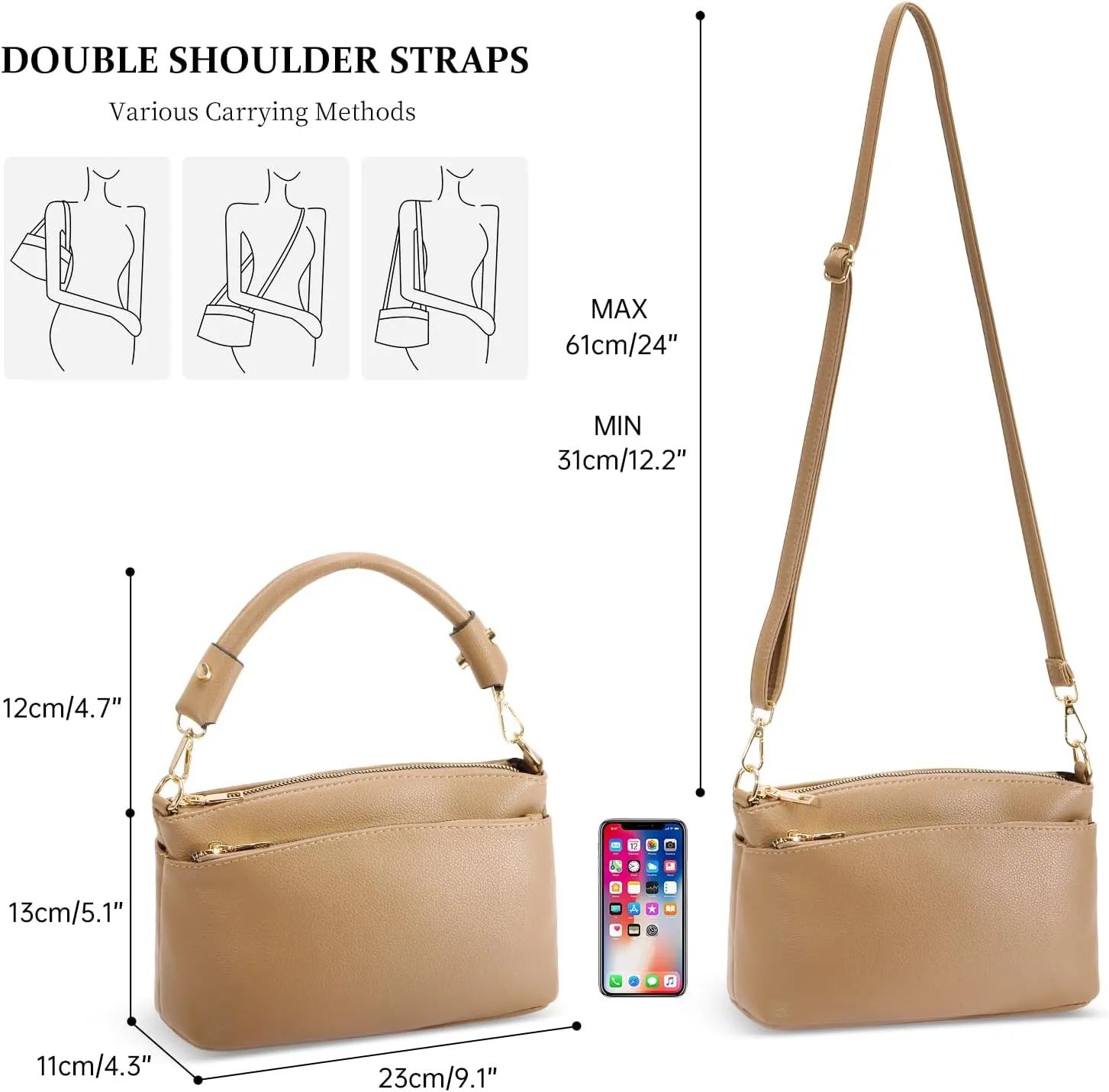 HUA ANGEL Women's Small Crossbody Handbag PU Leather 3 Compartments Shoulder Purse with 2 Straps for Party, Wedding, Dinner
