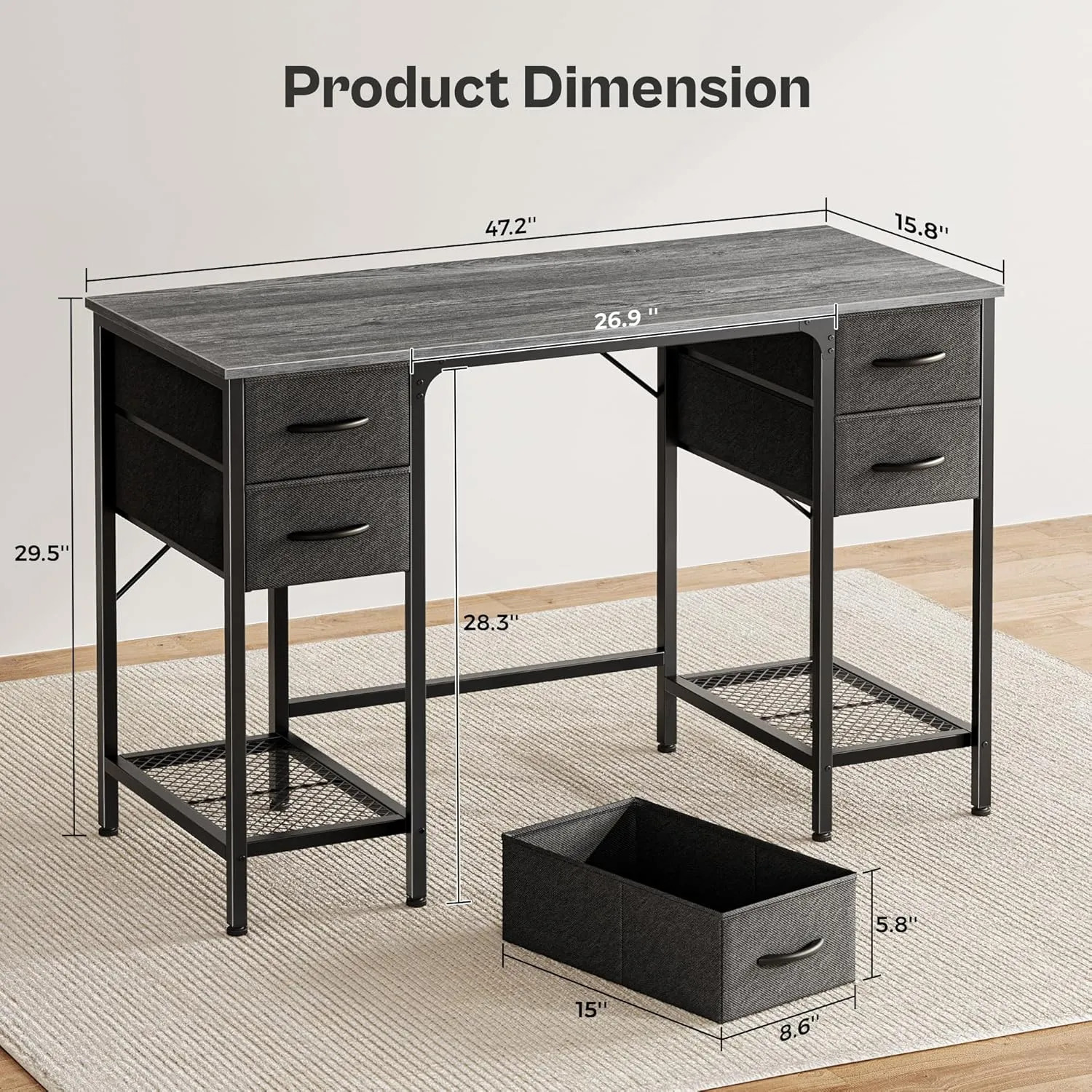 Huuger 47 Inch Computer Desk with 4 Drawers, Office Desk with Mesh Shelf, Gaming Desk, Large Storage, Writing Work Desk for Home Office, Study, Bedroom, Work from Home, Grey