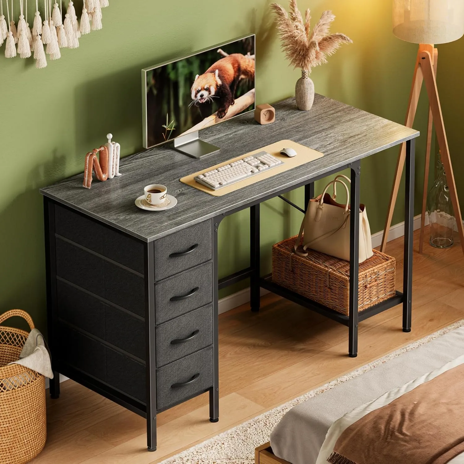 Huuger 47 Inch Computer Desk with 4 Drawers, Office Desk with Mesh Shelf, Gaming Desk, Large Storage, Writing Work Desk for Home Office, Study, Bedroom, Work from Home, Grey