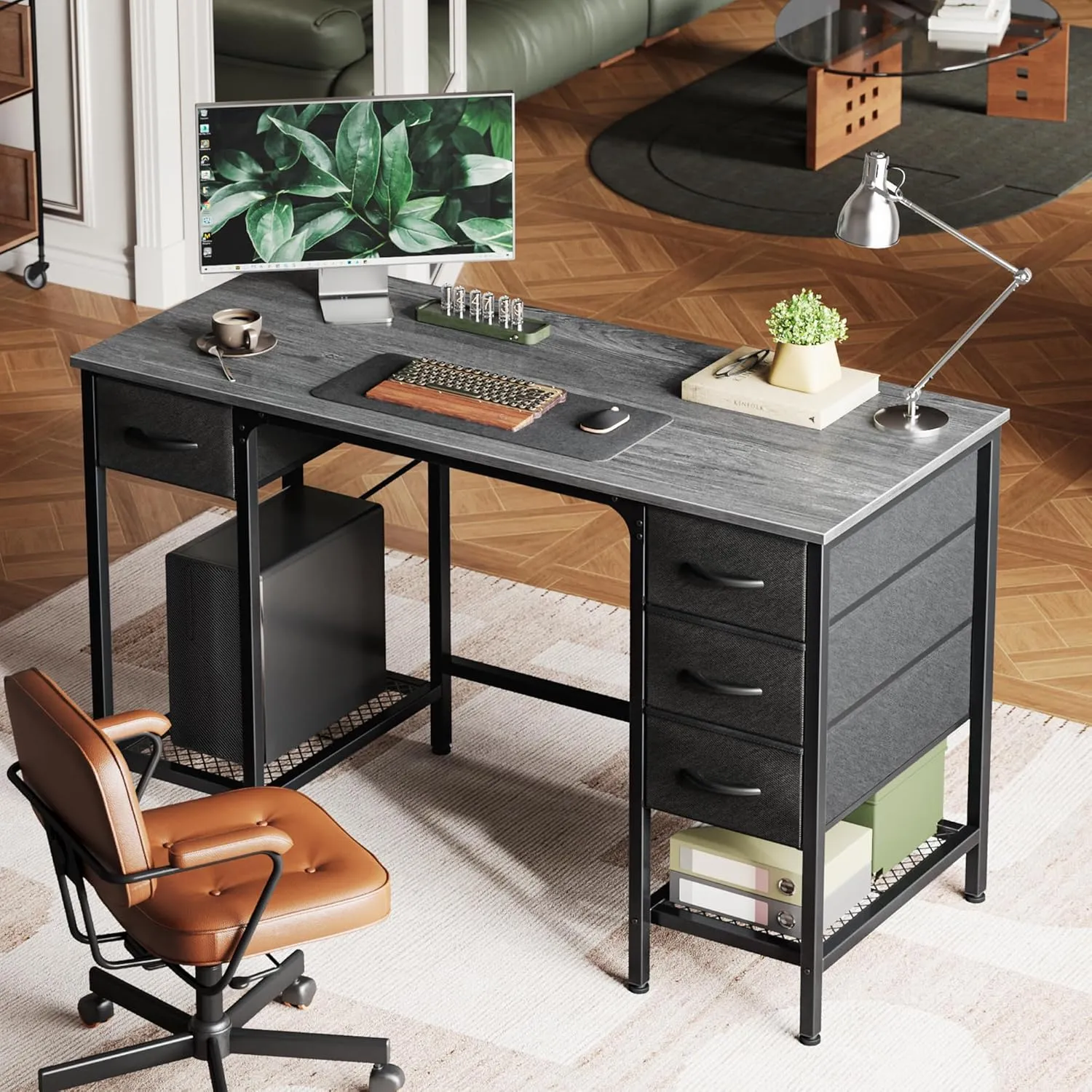 Huuger 47 Inch Computer Desk with 4 Drawers, Office Desk with Mesh Shelf, Gaming Desk, Large Storage, Writing Work Desk for Home Office, Study, Bedroom, Work from Home, Grey