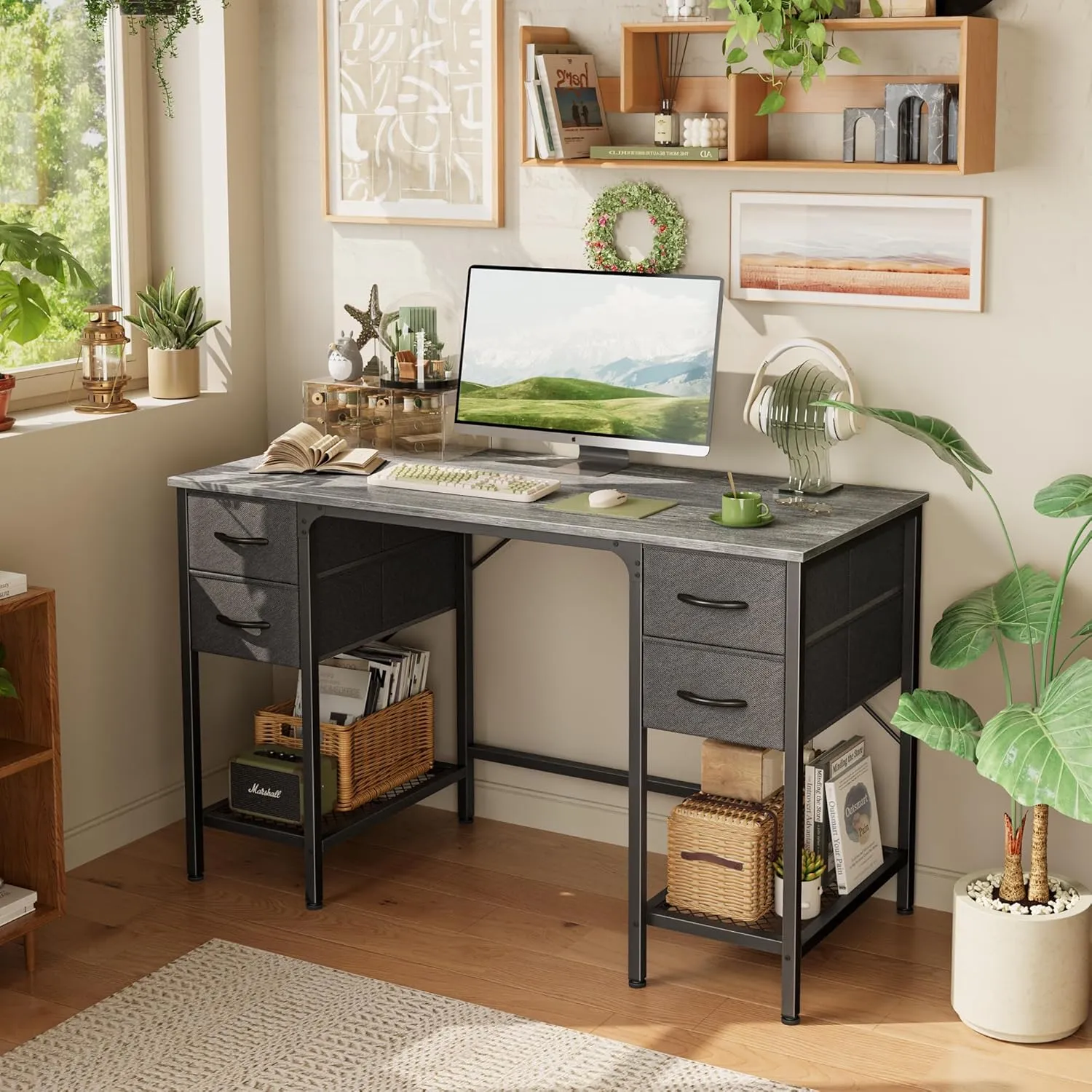 Huuger 47 Inch Computer Desk with 4 Drawers, Office Desk with Mesh Shelf, Gaming Desk, Large Storage, Writing Work Desk for Home Office, Study, Bedroom, Work from Home, Grey