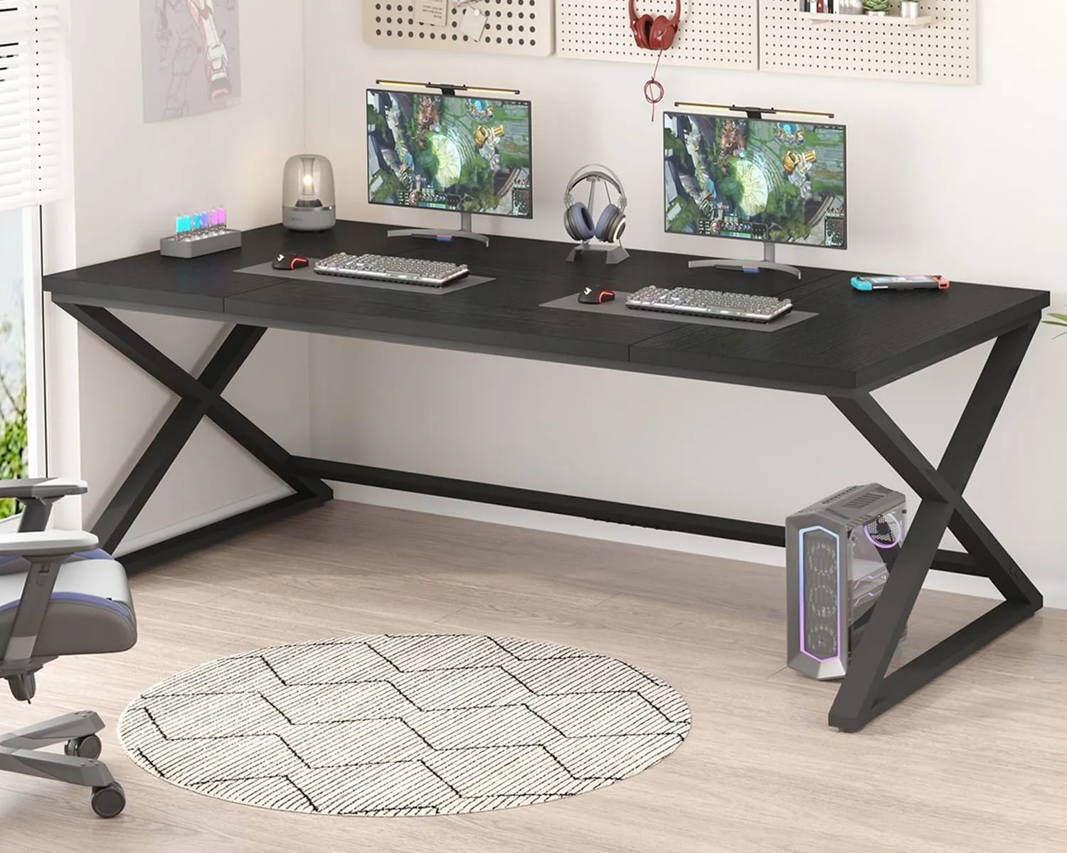 IBF Black Desk, Large Home Office Work Desk, 78.7” Long Computer Desks, Simple Wide Study Writing Desk, Wood Metal Double PC Executive Workstation Gaming Desk Computer Table for Bedroom, Black Oak