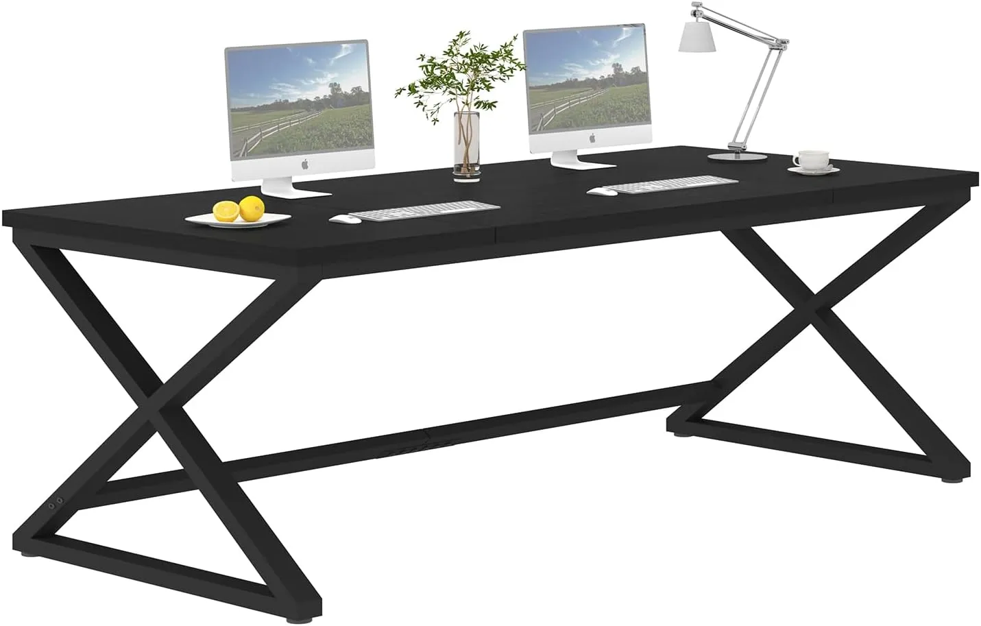 IBF Black Desk, Large Home Office Work Desk, 78.7” Long Computer Desks, Simple Wide Study Writing Desk, Wood Metal Double PC Executive Workstation Gaming Desk Computer Table for Bedroom, Black Oak