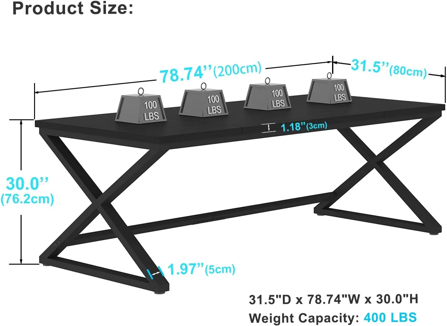 IBF Black Desk, Large Home Office Work Desk, 78.7” Long Computer Desks, Simple Wide Study Writing Desk, Wood Metal Double PC Executive Workstation Gaming Desk Computer Table for Bedroom, Black Oak