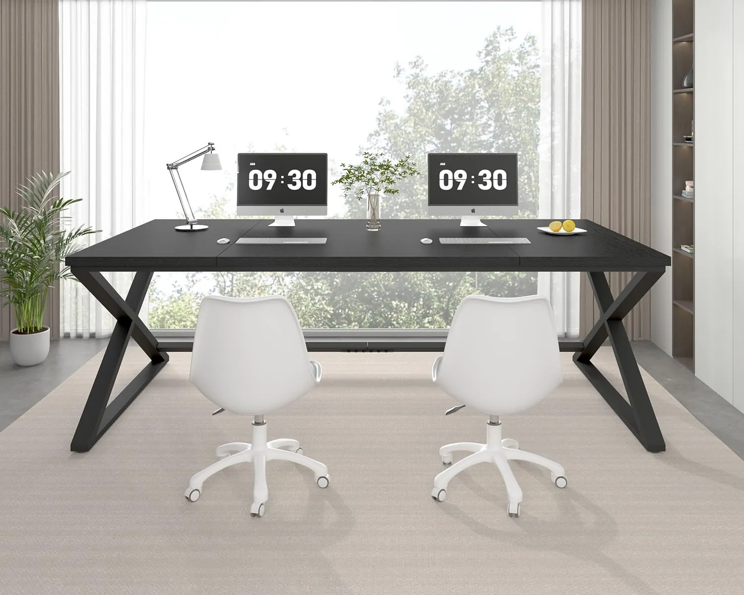 IBF Black Desk, Large Home Office Work Desk, 78.7” Long Computer Desks, Simple Wide Study Writing Desk, Wood Metal Double PC Executive Workstation Gaming Desk Computer Table for Bedroom, Black Oak