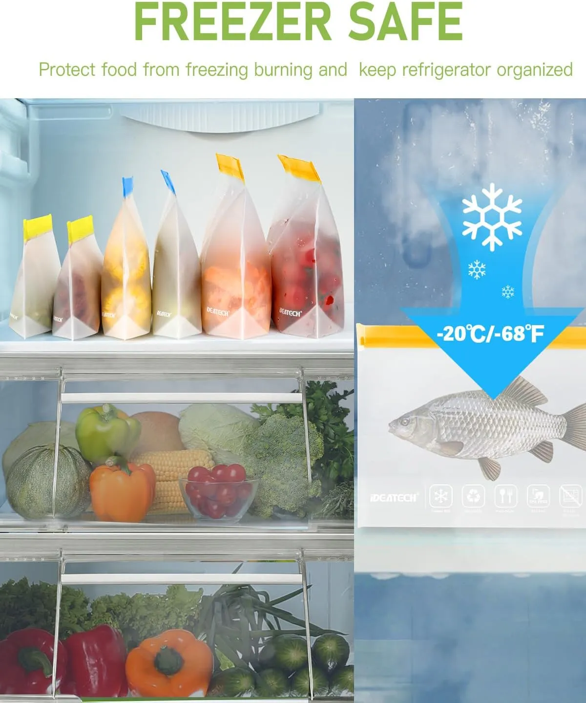 IDEATECH Sandwich Food Storage Bags, BPA Free PEVA Reusable Gallon Freezer Bags, Reusable Sandwich Bag, Healthy Food Containers for Lunch, Travel (Grey, 12Pack-7Gallon 5Quart)