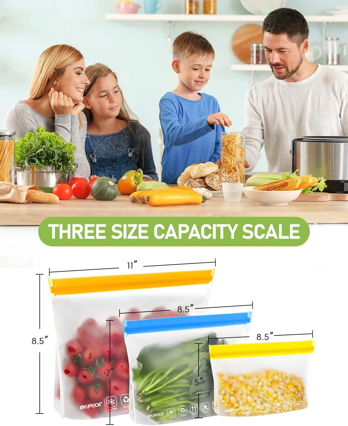 IDEATECH Sandwich Food Storage Bags, BPA Free PEVA Reusable Gallon Freezer Bags, Reusable Sandwich Bag, Healthy Food Containers for Lunch, Travel (Grey, 12Pack-7Gallon 5Quart)