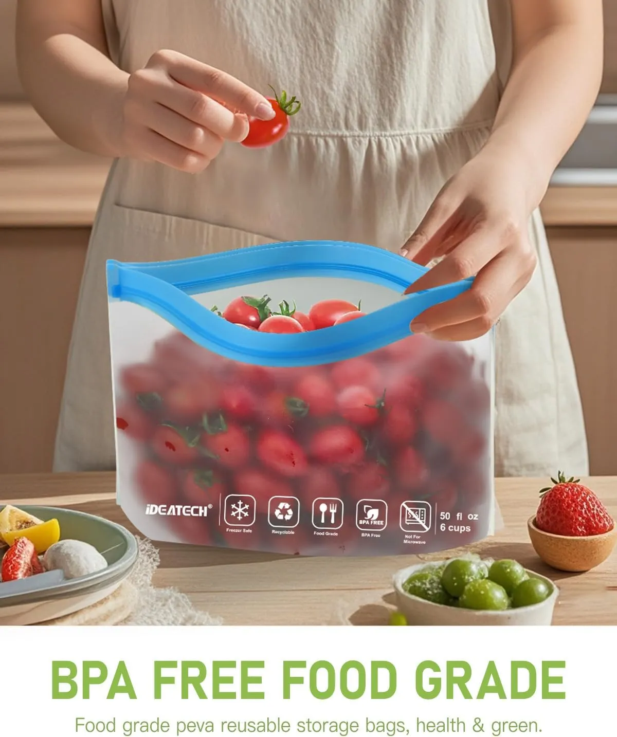 IDEATECH Sandwich Food Storage Bags, BPA Free PEVA Reusable Gallon Freezer Bags, Reusable Sandwich Bag, Healthy Food Containers for Lunch, Travel (Grey, 12Pack-7Gallon 5Quart)