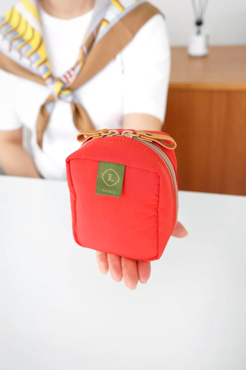 Invite.L Small Stand Up Compact Cosmetic Bag Organized Pockets Korean Beauty Case Portable Makeup Pouch Toiletry Storage Work Essentials Elegant (Fiesta)