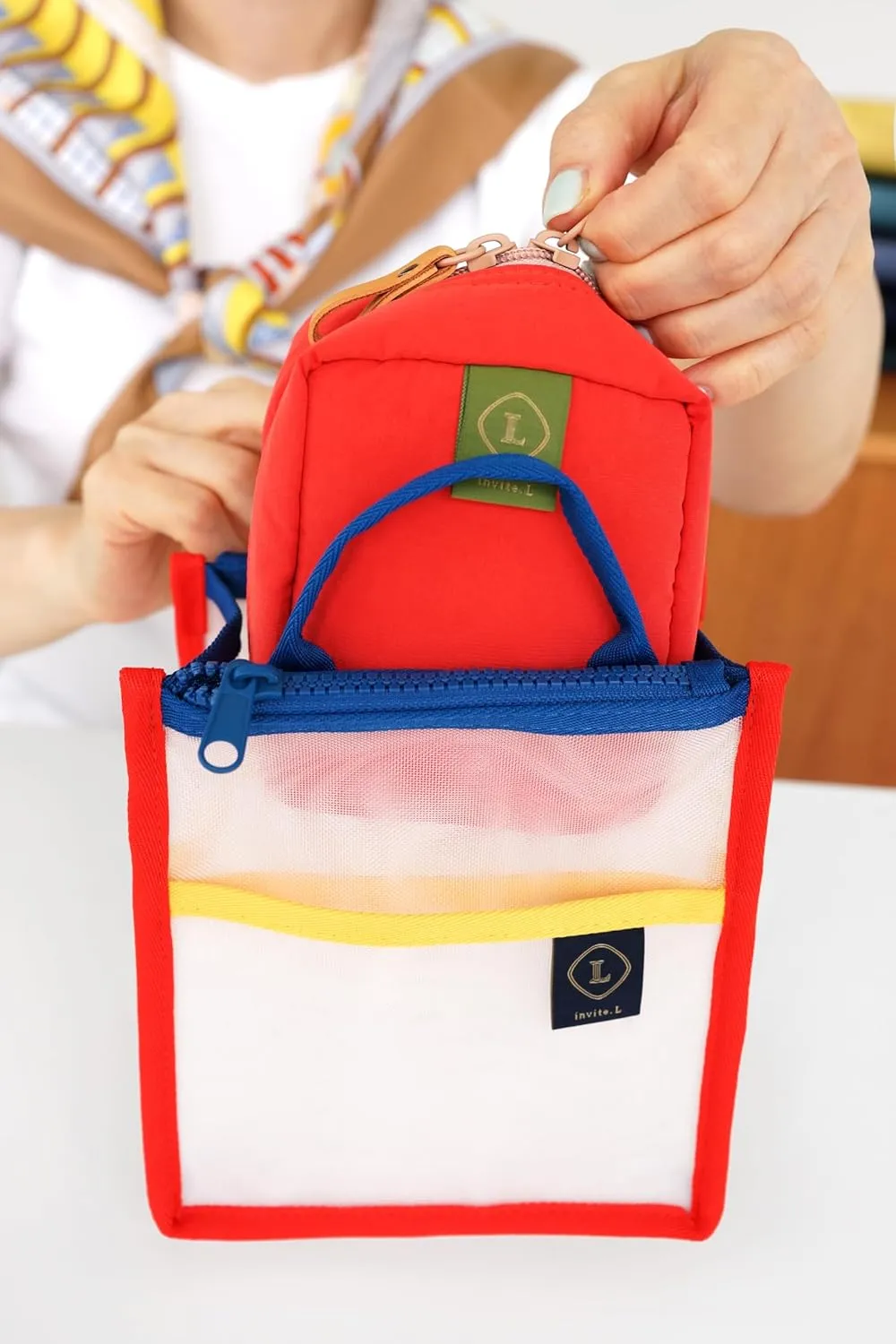 Invite.L Small Stand Up Compact Cosmetic Bag Organized Pockets Korean Beauty Case Portable Makeup Pouch Toiletry Storage Work Essentials Elegant (Fiesta)