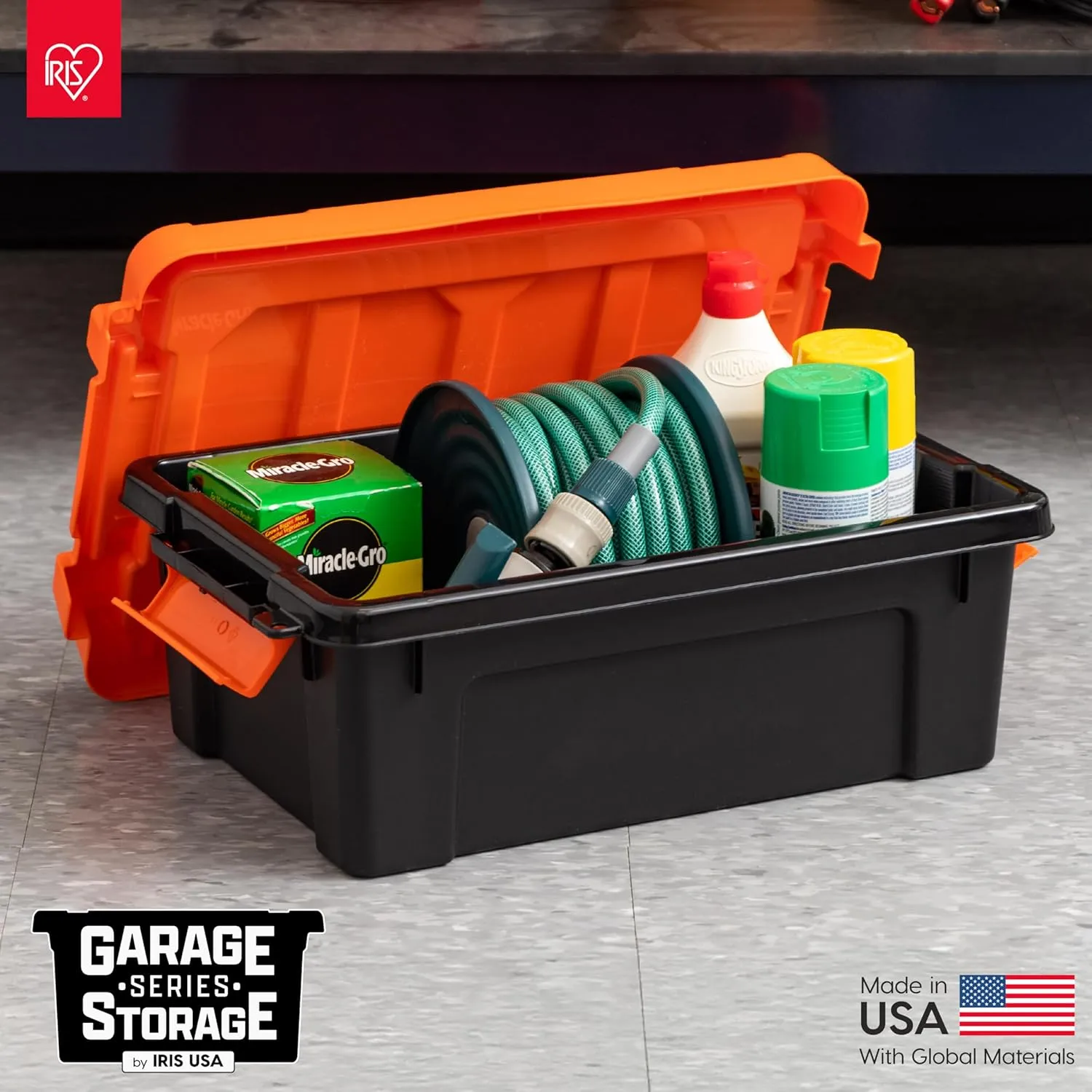IRIS USA 12 Gallon Lockable Storage Bins with Lids, 2 Pack - Made in USA, Heavy Duty, Stackable Containers, Garage Organizing Bins Moving Tubs, Rugged Sturdy Equipment Utility Box - Black/Orange