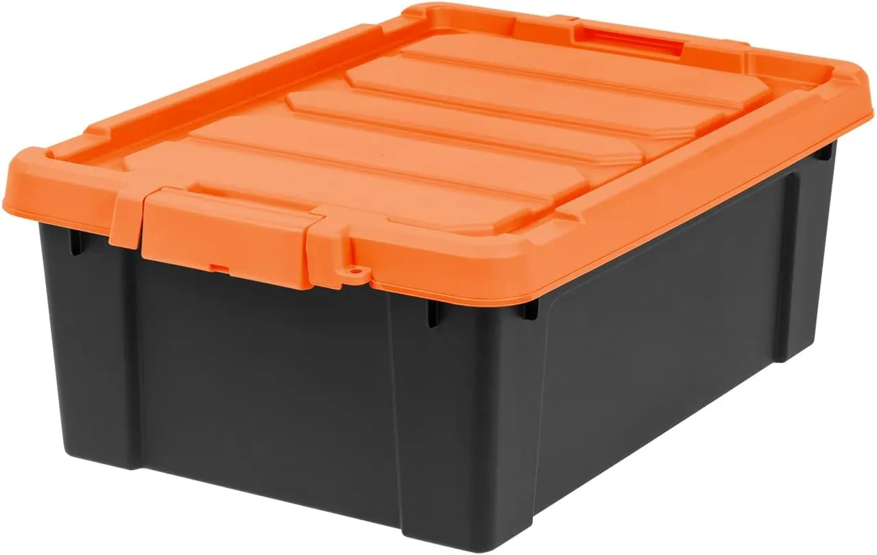 IRIS USA 12 Gallon Lockable Storage Bins with Lids, 2 Pack - Made in USA, Heavy Duty, Stackable Containers, Garage Organizing Bins Moving Tubs, Rugged Sturdy Equipment Utility Box - Black/Orange