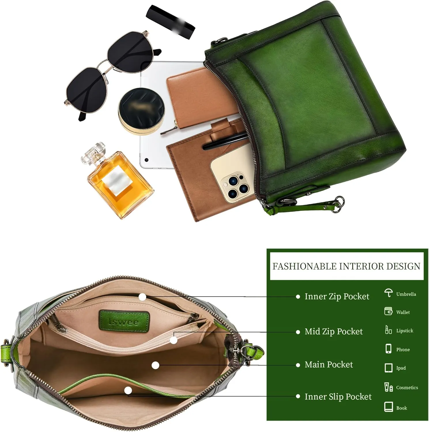 Iswee Genuine Leather Crossbody Bags for Women Satchel Purse Hobo Handbag Ladies Vintage Shoulder Bag Work
