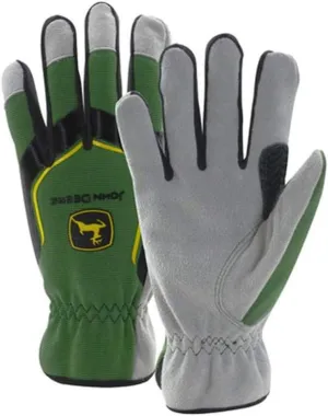 John Deere Men's Split Cowhide Leather Palm Gloves, Cut Resistant, Keystone Thumb, Flexible Fit, Green/Black