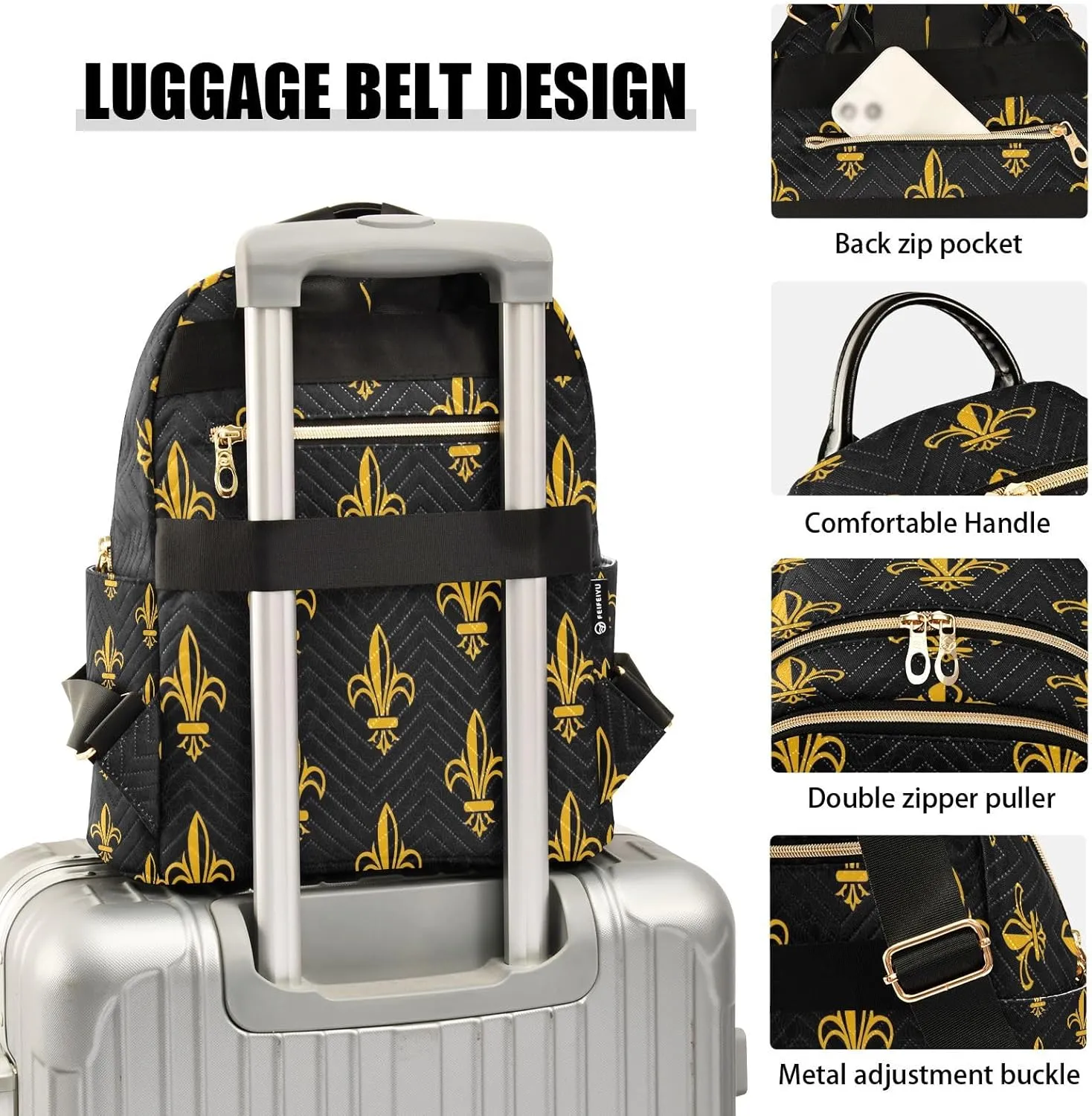 Joisal Fleur de Lis Black Gold Anti Theft Backpack Purse Work Backpack, Backpack Travel Bag for Airplane Medium