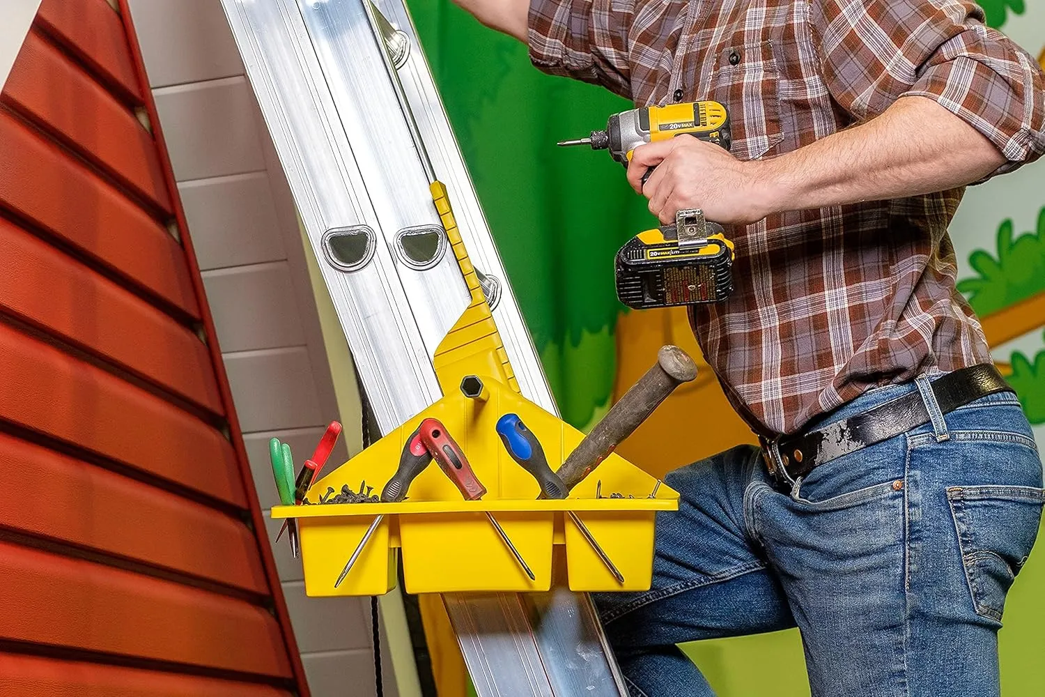 Jokari Universal Rotating Ladder Tray. Hold Tools, Nails, Screws, Paint, Brushes and Accessories. Hook 3 Bucket Shelf On Any Rung For Auto Storage Platform. Little Attachment Caddy, Giant Benefits