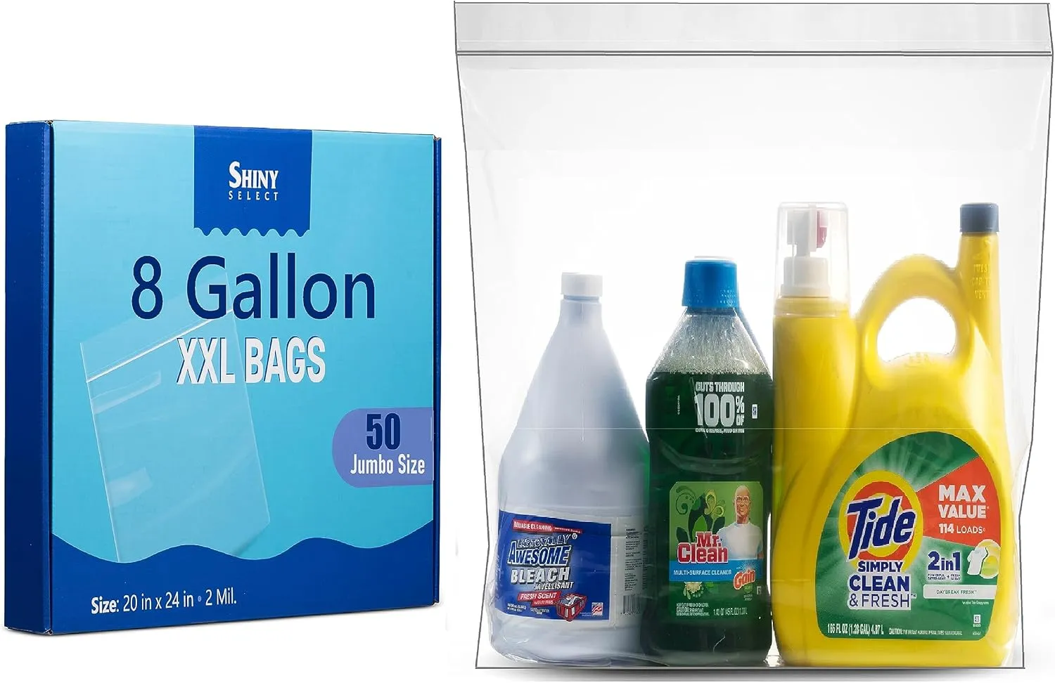 Jumbo Storage 8 Gallon Huge Zipper Storage Bags, 2 Mill Thick Plastic, 20" x 24" Extra Large Size, 50 Count (Shiny Select)
