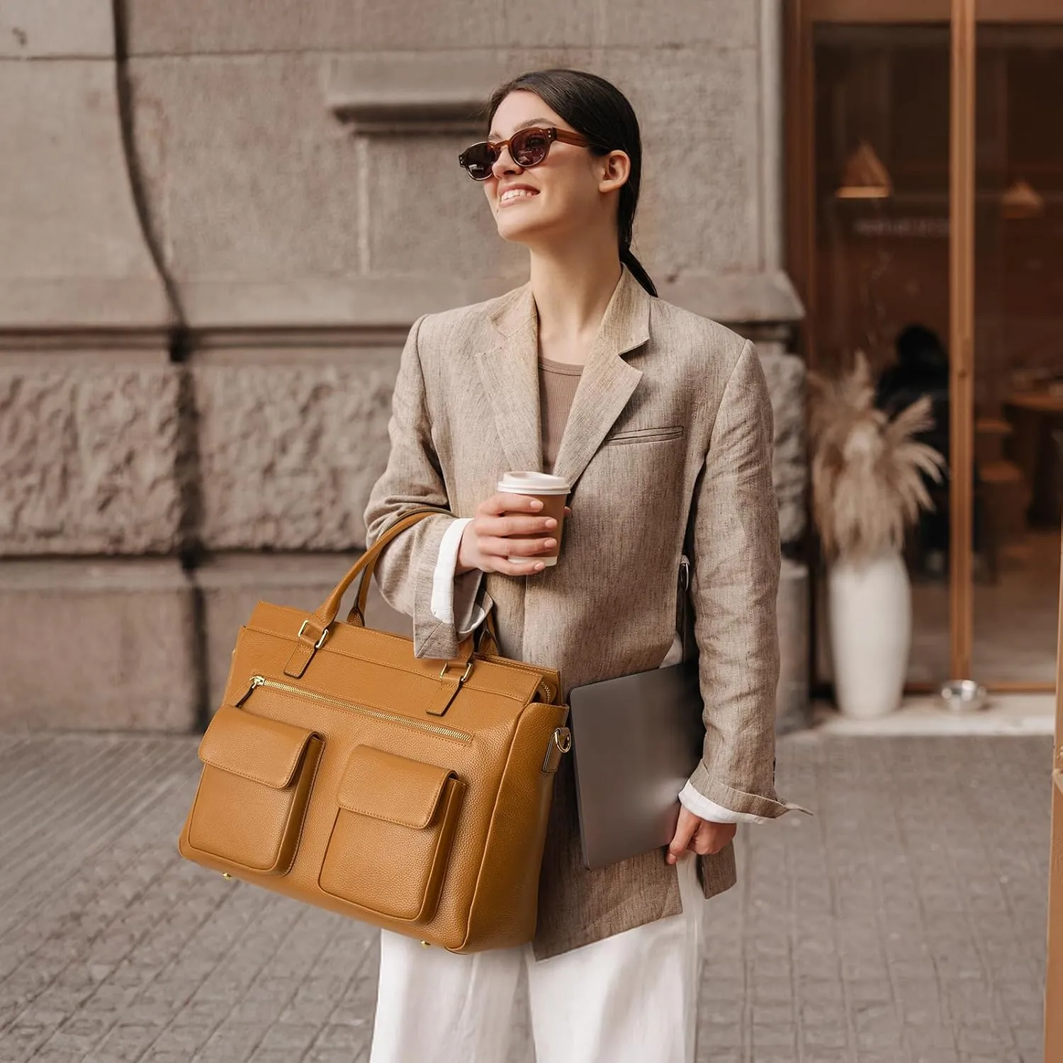 Kattee Leather Briefcase for Women, 15 Inches Laptop Bag, Work Tote with Luggage/Shoulder Strap