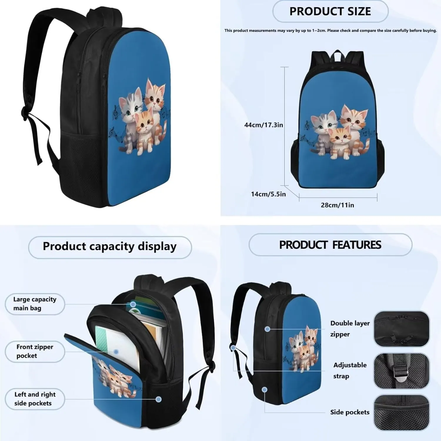 Kawaii Cat Print Cute Backpacks for Teen Girls Lightweight Fashion School Bag for Boys Keep Warm Oil Proof Lunch Bag Teen Girls and Pencil Case for Travel Beach Picnic